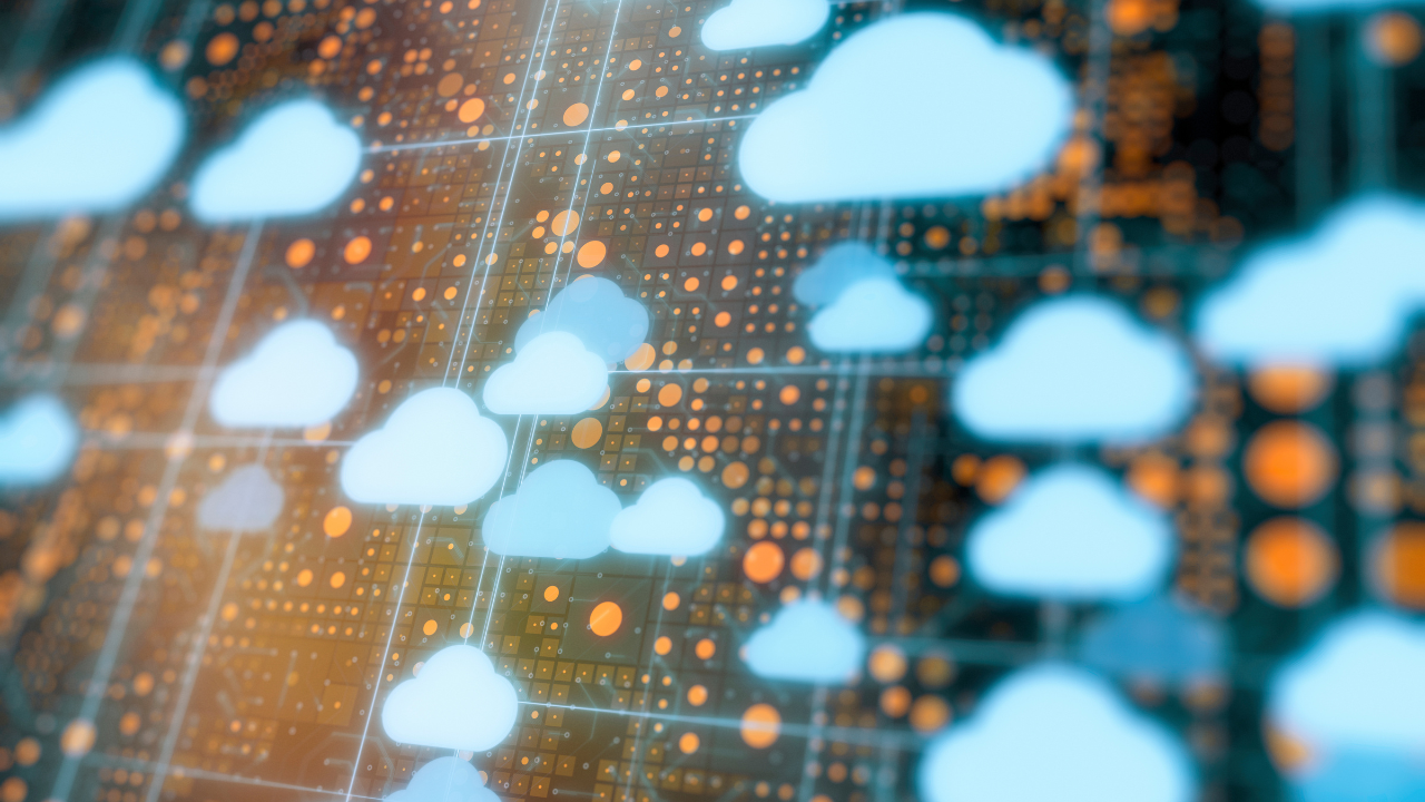 Cloud infrastructure and virtualization imagery representing AWS-powered scalability and infrastructure as code.