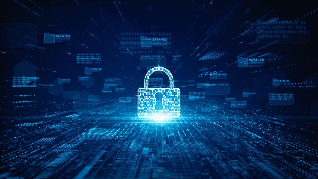 Digital padlock over blue data stream, representing AWS cloud security and compliance controls.
