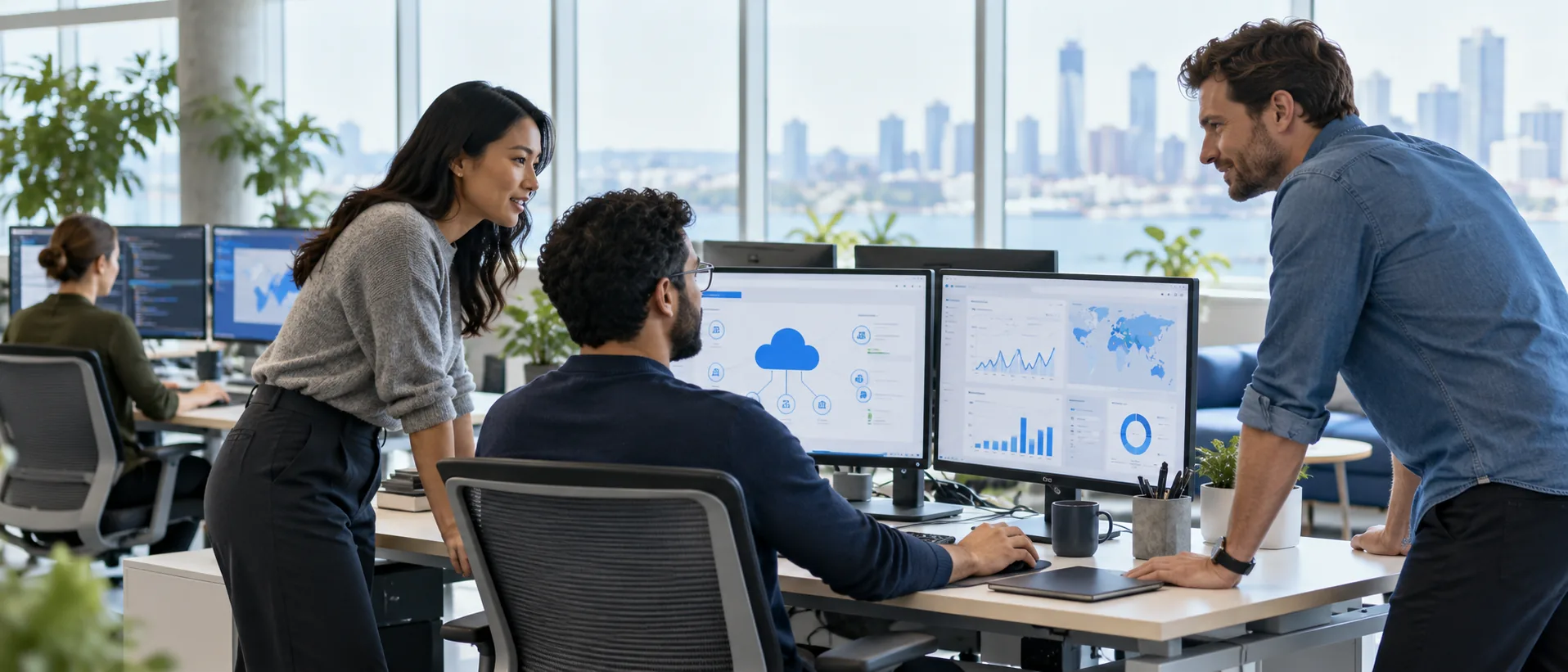 Engineers collaborating in a cloud operations workspace (illustrative image)