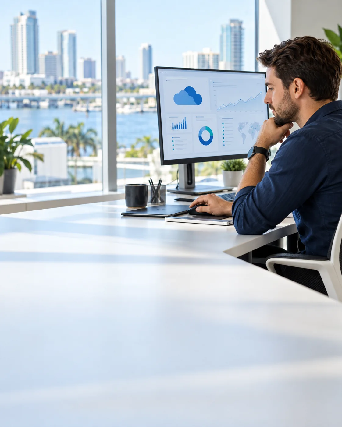 IT engineer reviewing cloud usage in an office (illustrative image)