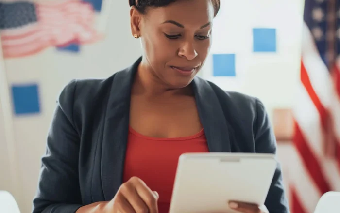 Lifestyle portrait of professional black woman election organizer at candidate office with flags, wearing red white and blue and using tablet to vote for democracy digitally Lifestyle portrait of professional black woman election organizer at candidate office with flags, wearing red white and blue and using tablet to vote for democracy digitally